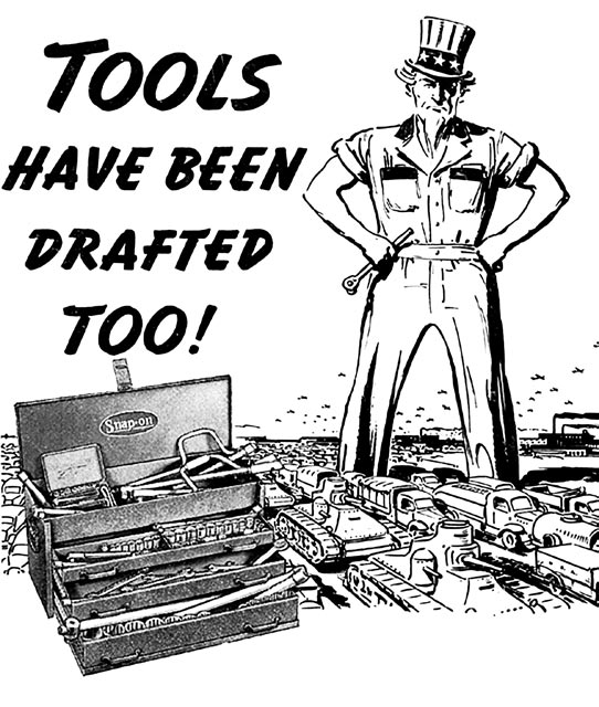 Grayscale poster of Uncle Sam with his hands on his hips declaring “Tools have been drafted too!”