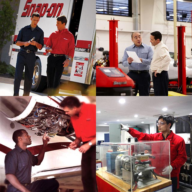 Four image collage including a Snap-on Franchisee working with a technician, shop owners speaking, technicians working on an aircraft engine, and a technician with a prototype