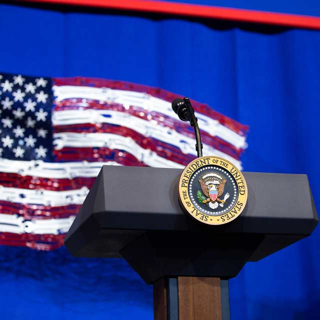 American flag made of Snap-on tools behind a Presidential podium