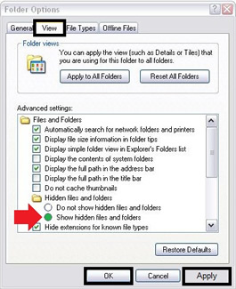 Click on the VIEW tab, ensure "Show hidden files and folders" is selected - it should have a green dot to its left. Click on APPLY and then OK.