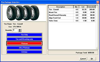 ShopKey Shop Management Tire Package Selection Screen